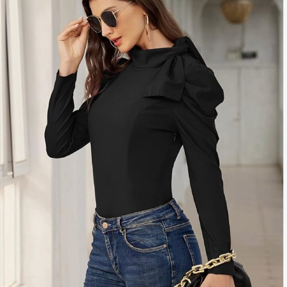 JASAMBAC Blouse Bow puff pouf sleeve top - DARK GREY, Large (12 US)